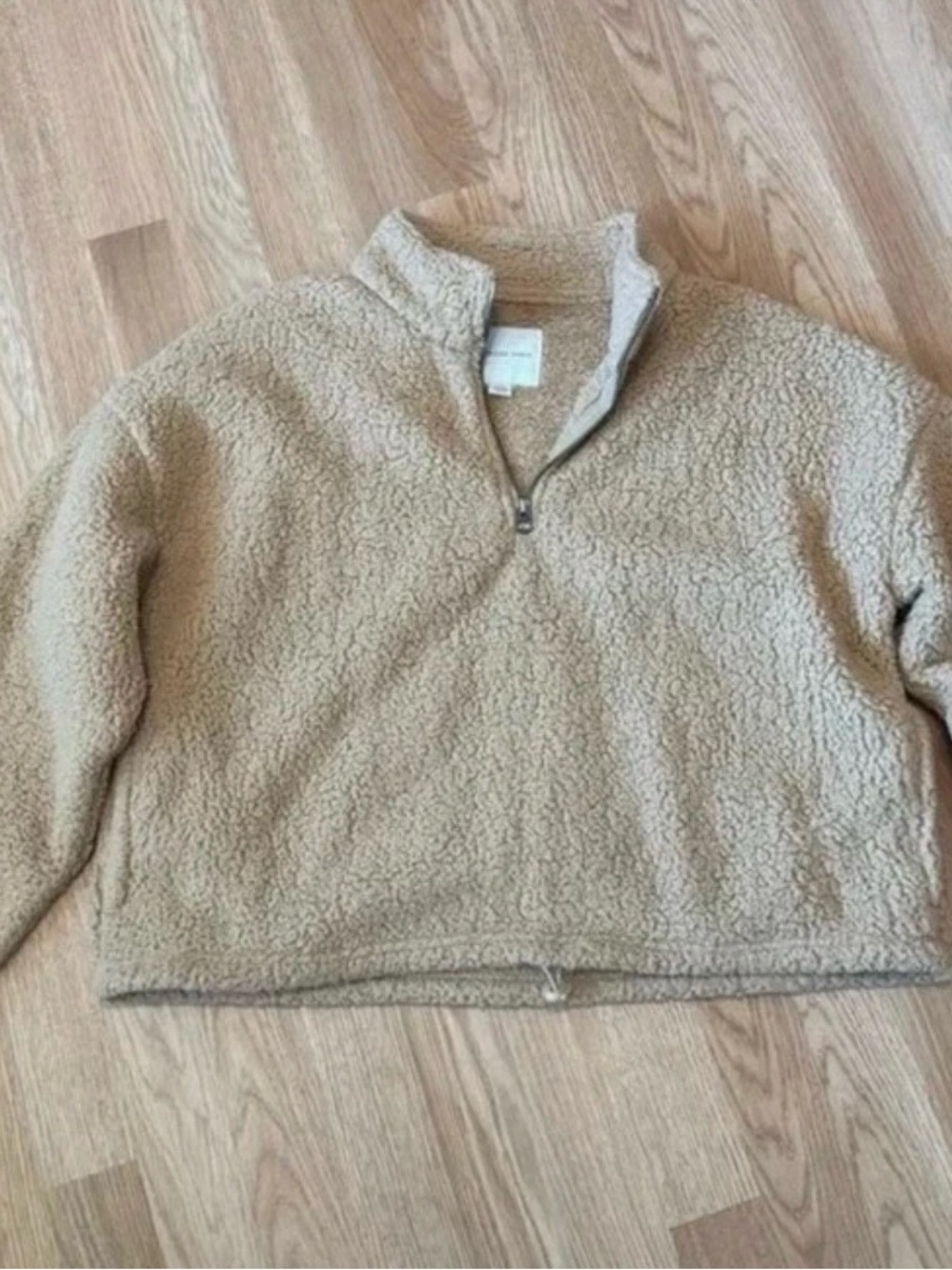 American Eagle Outfitters Tan Sherpa Quarter-Zip Crop Top Pullover